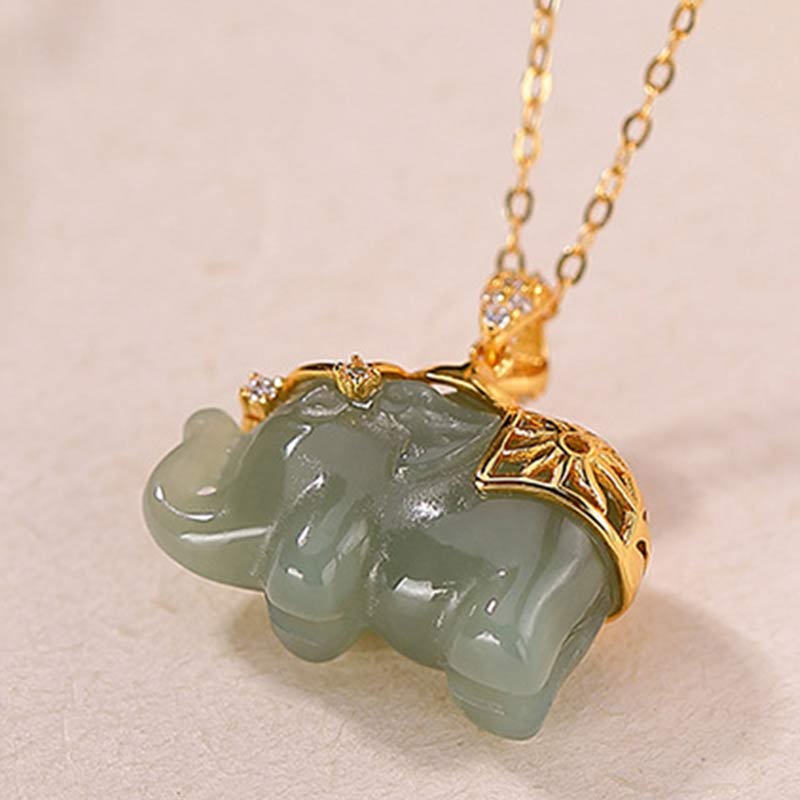Wear FengShui 925 Sterling Silver Jade Elephant Blessing Fortune Necklace Chain Pendant