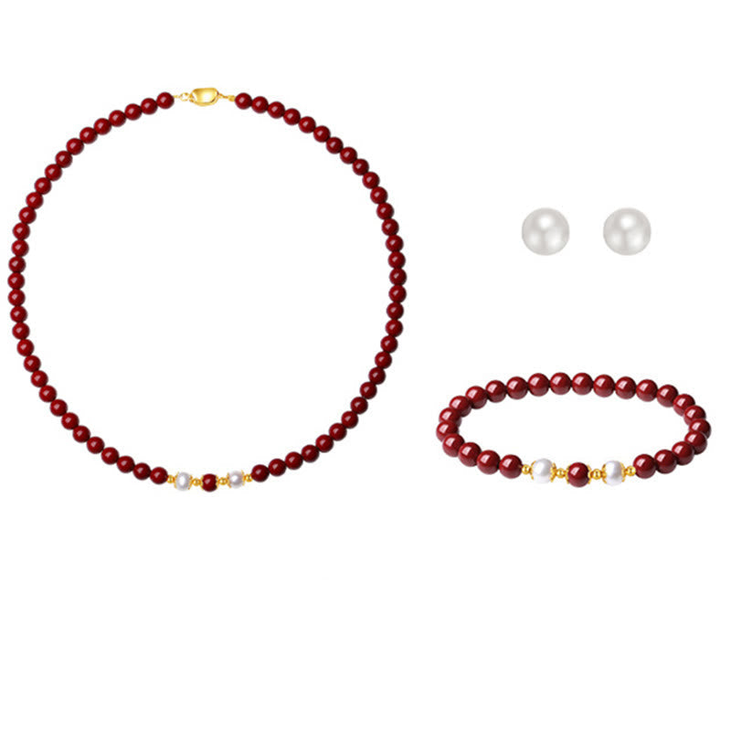 Wear FengShui 925 Sterling Silver Natural Cinnabar Pearl Blessing Necklace Pendant Bracelet Earrings Jewelry Set