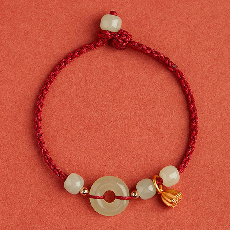 Wear FengShui Round Peace Buckle Jade Lotus Happiness Abundance Wealth String Bracelet