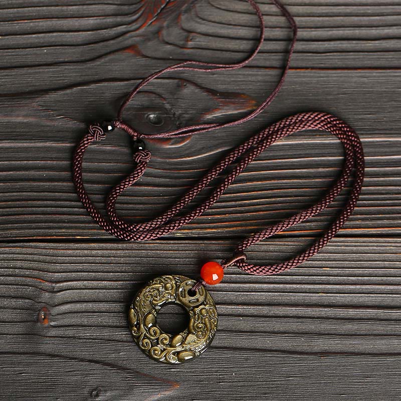 Wear FengShui Gold Sheen Obsidian Peace Buckle Pixiu Copper Coin Wealth Necklace Pendant
