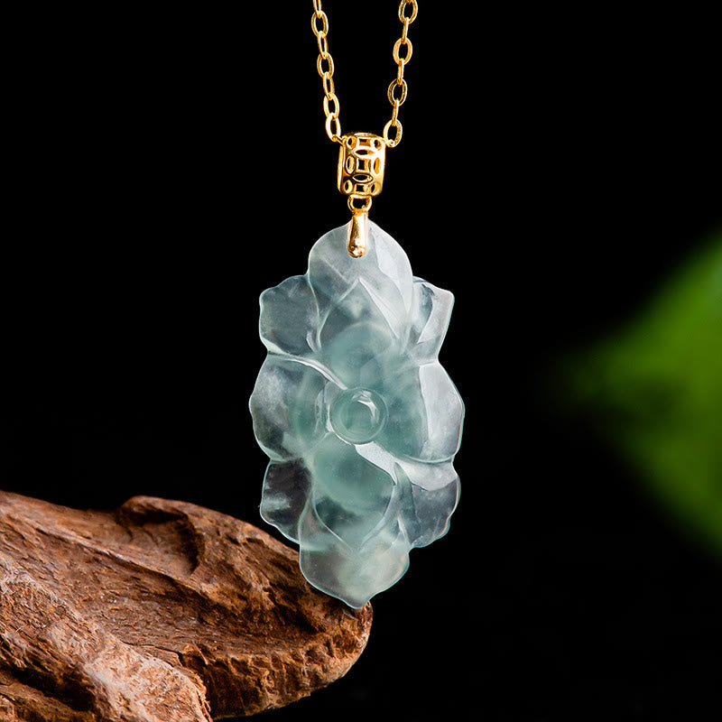 Wear FengShui Natural Jade Lotus Pattern Prosperity Titanium Steel Chain Necklace Pendant