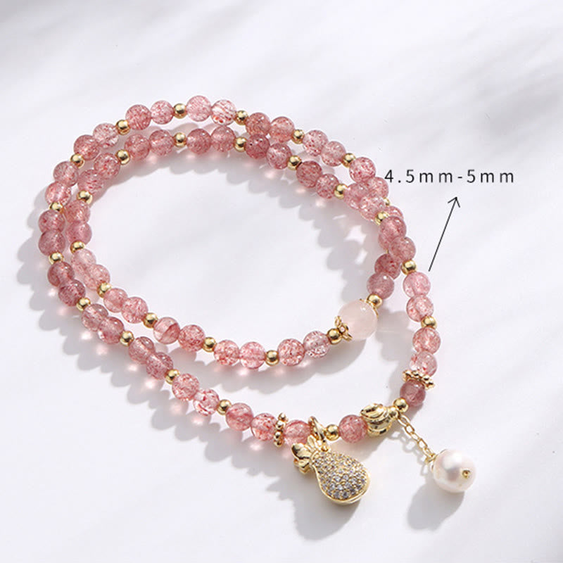 Wear FengShui Strawberry Quartz Money Bag Positive Charm Double Wrap Bracelet