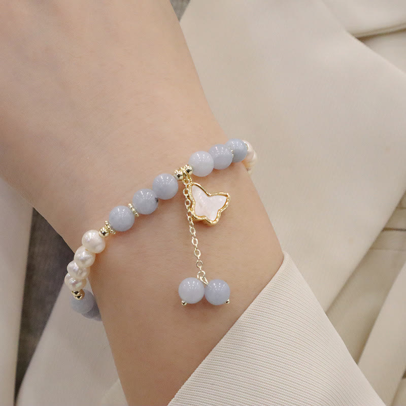 Wear FengShui Natural Aquamarine Pearl Healing Ginkgo Leaf Butterfly Charm Bracelet