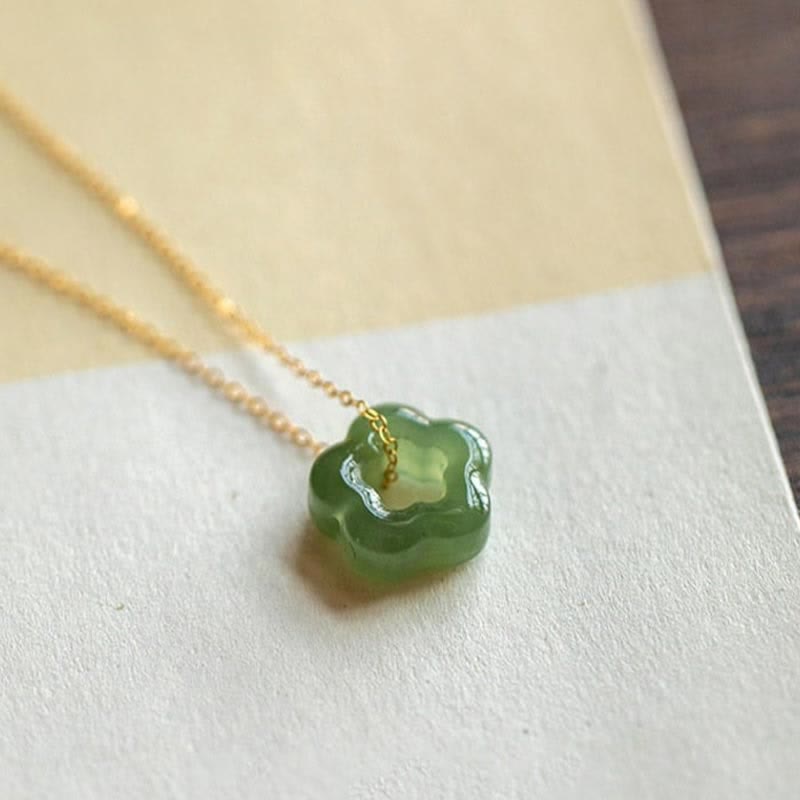 Wear FengShui Dainty Hetian Jade Cyan Jade Luck Floral Charm Necklace Pendant