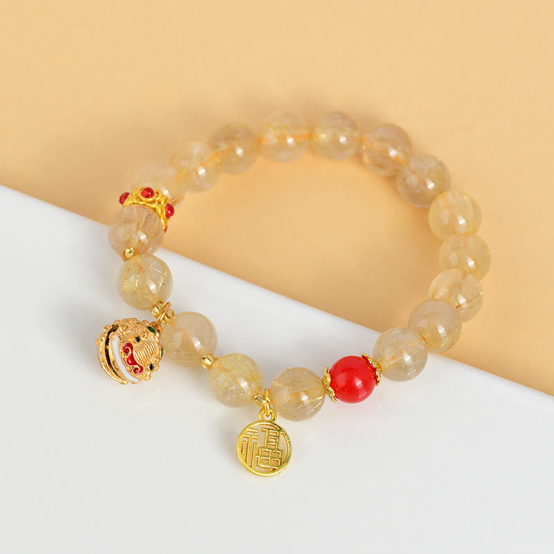 Wear FengShui Natural Golden Rutilated Quartz Fu Character Charm Bell Wealth Bracelet