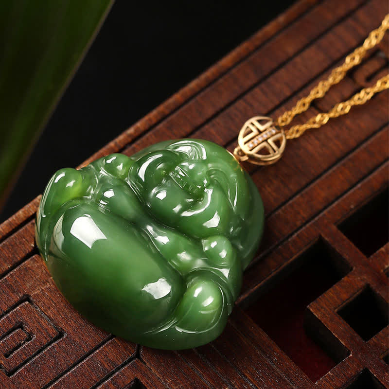 Wear FengShui 925 Sterling Silver Laughing Buddha Hetian Cyan Jade 18K Gold Success Necklace Chain Pendant