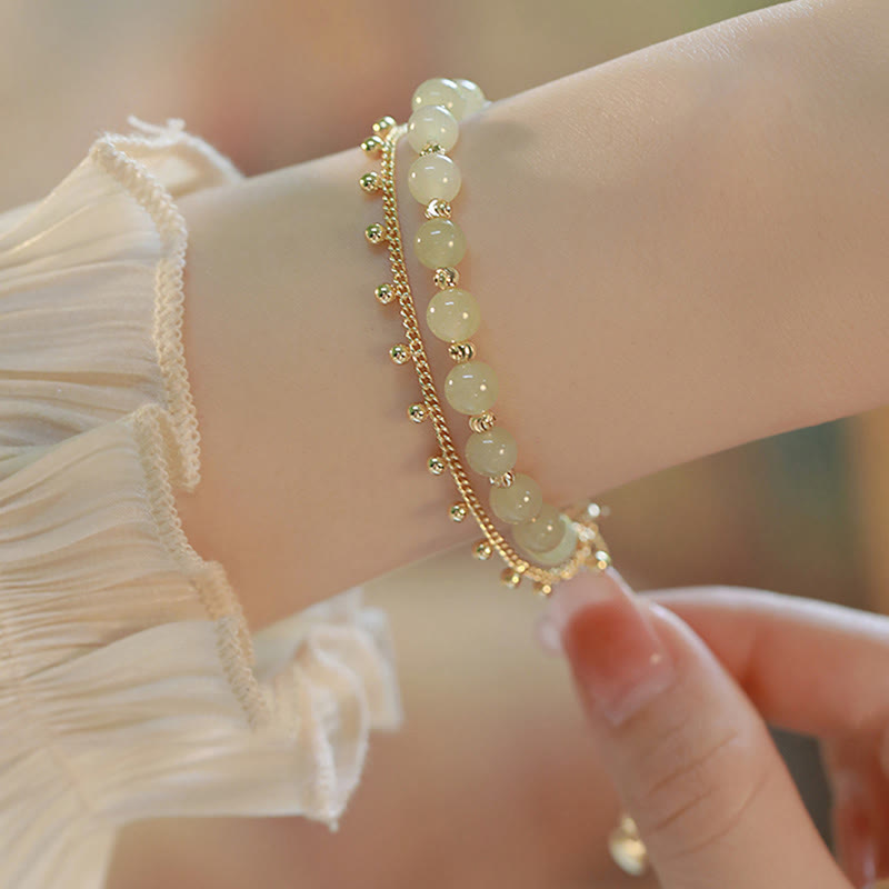 Wear FengShui 14K Gold Plated 2 Layers Hetian Jade Bead Luck Prosperity Bracelet
