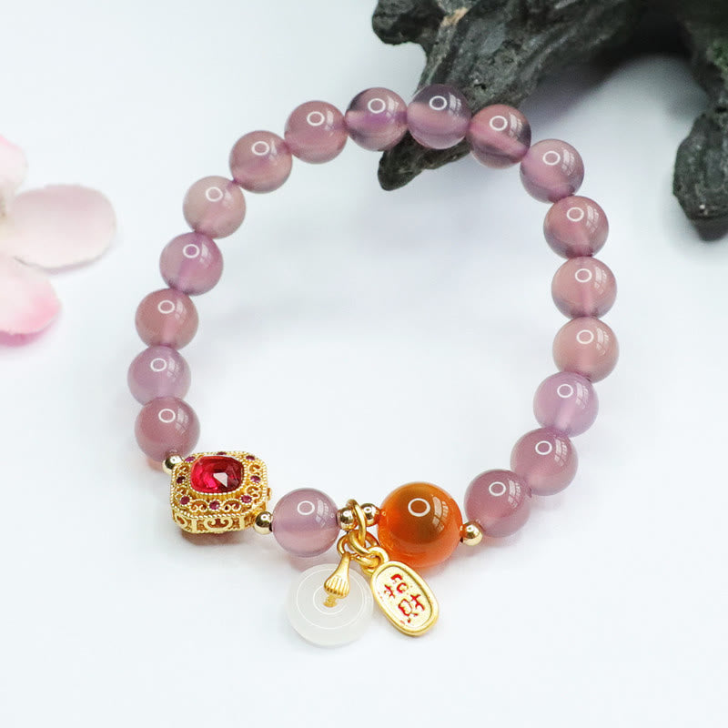 Wear FengShui Natural Purple Chalcedony Candy Agate Peace Buckle Harmony Lucky Fortune Charm Bracelet