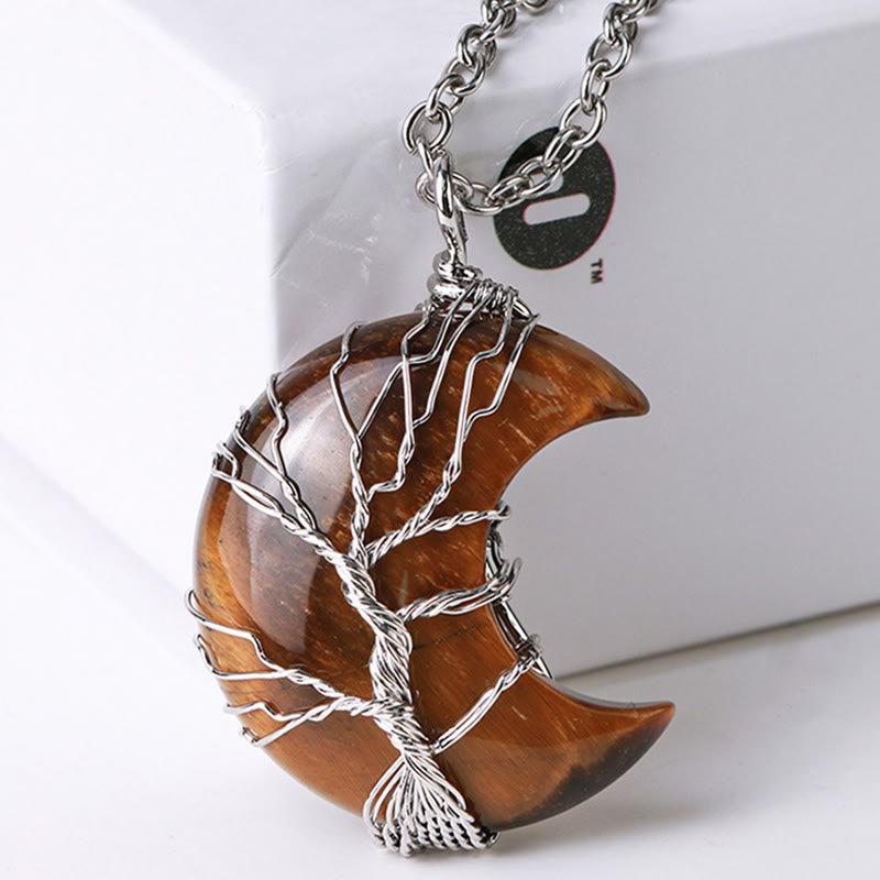 Wear FengShui Natural Quartz Crystal Moon Tree Of Life Healing Energy Necklace Pendant