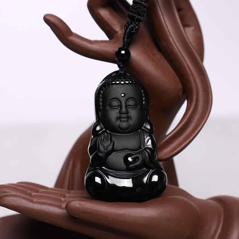 Wear FengShui Natural Black Obsidian Crystal Buddha Strength Protection Amulet Lucky Charm Pendant Necklace