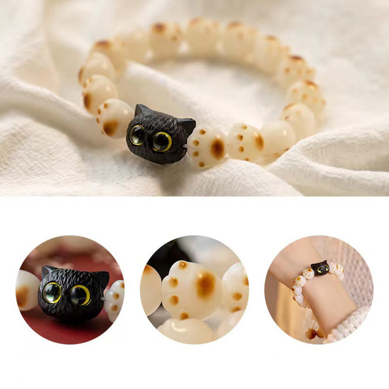 Wear FengShui Natural Bodhi Seed Red Sandalwood Lovely Paw Lucky Cat Peace Bracelet