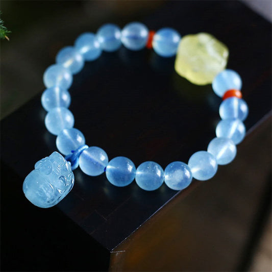 Wear FengShui Natural Aquamarine Amber Pixiu Peace Healing Charm Bracelet