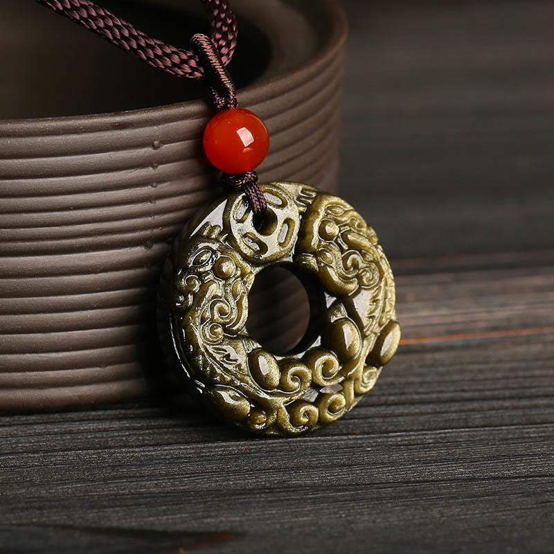 Wear FengShui Gold Sheen Obsidian Peace Buckle Pixiu Copper Coin Wealth Necklace Pendant