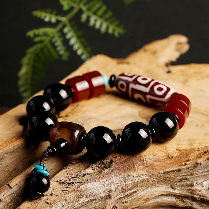 Wear FengShui Tibetan Nine-Eye Dzi Bead Black Onyx Wealth Protection Bracelet