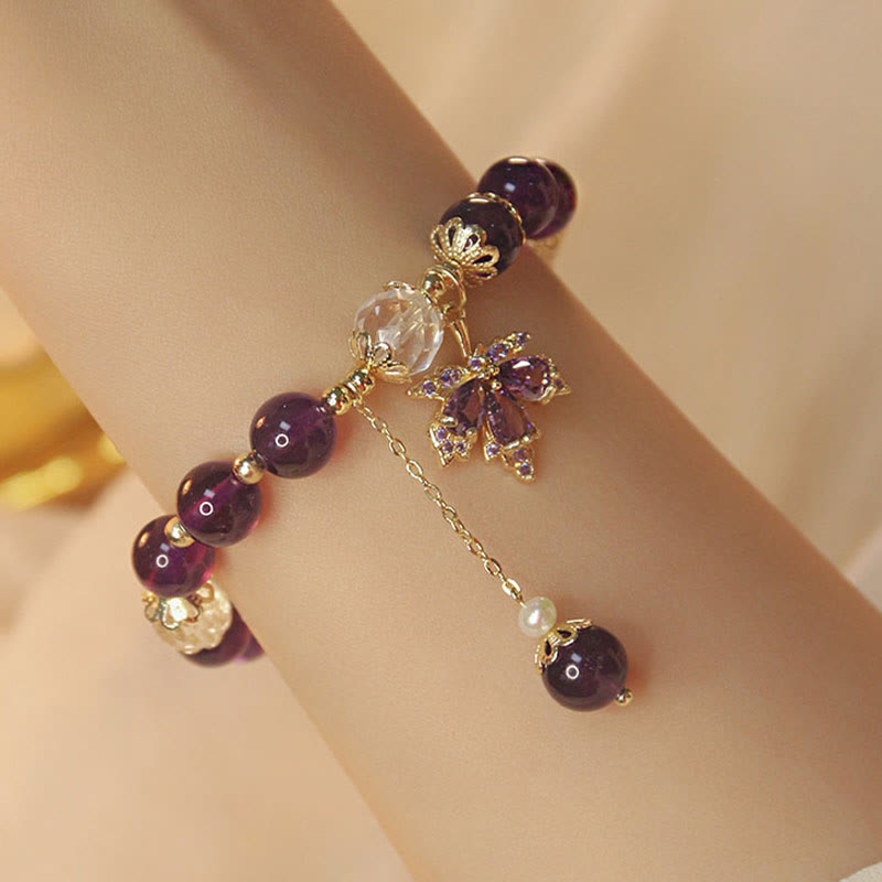 Wear FengShui 14k Gold Plated Natural Amethyst Healing Maple Leaf Charm Bracelet