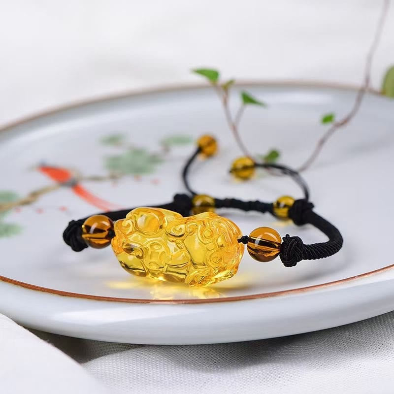 Wear FengShui Natural Obsidian Amethyst Citrine PiXiu Cooper Coin Wealth Bracelet
