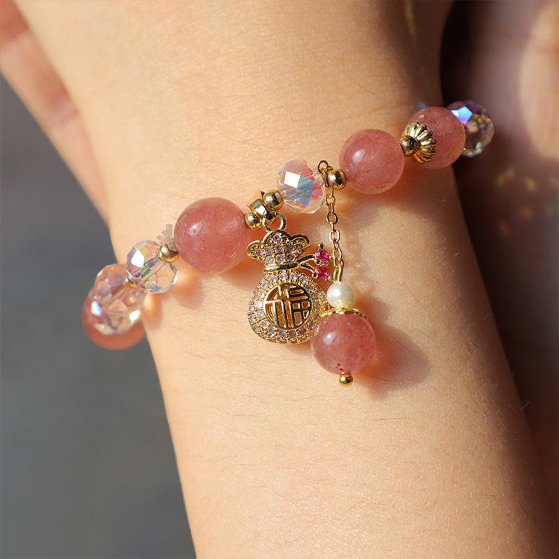 Wear FengShui Natural Strawberry Quartz Crystal Money Bag Charm Positive Bracelet