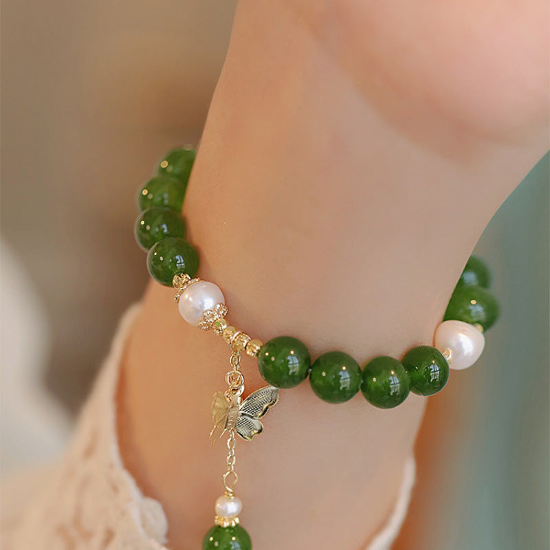 Wear FengShui Natural Green Chalcedony Pearl Butterfly Courage Strength Bracelet