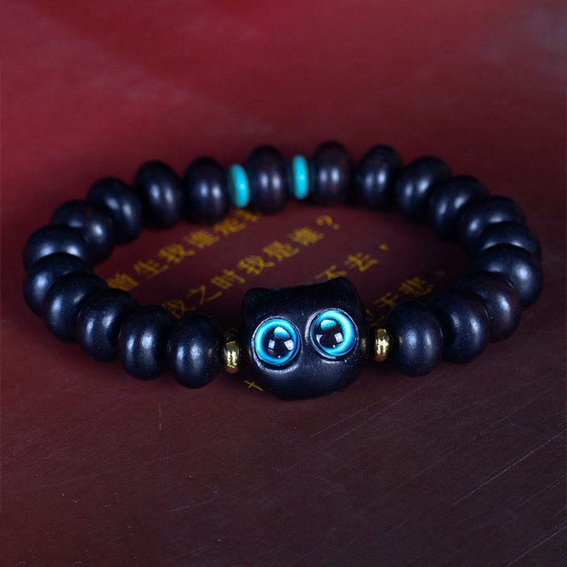 Wear FengShui Ebony Wood Liuli Glass Lovely Cat Peace Balance Bracelet