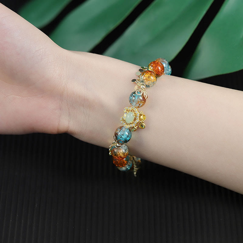 Wear FengShui Colorful Liuli Glass Bead Chinese Lock Charm Fortune Bracelet