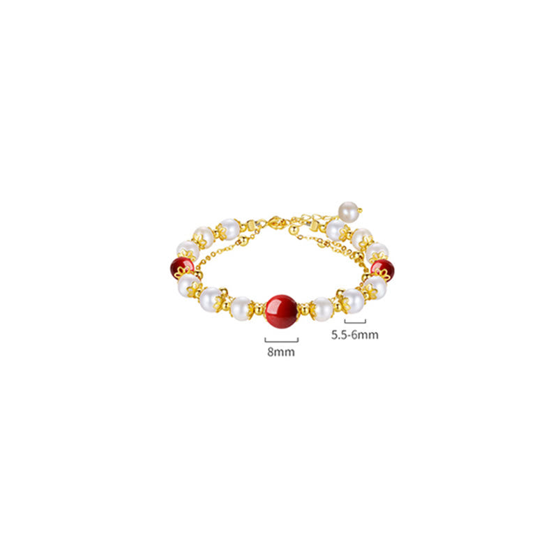 Wear FengShui 925 Sterling Silver Pearl Cinnabar Wisdom Bead Double Layer Chain Bracelet