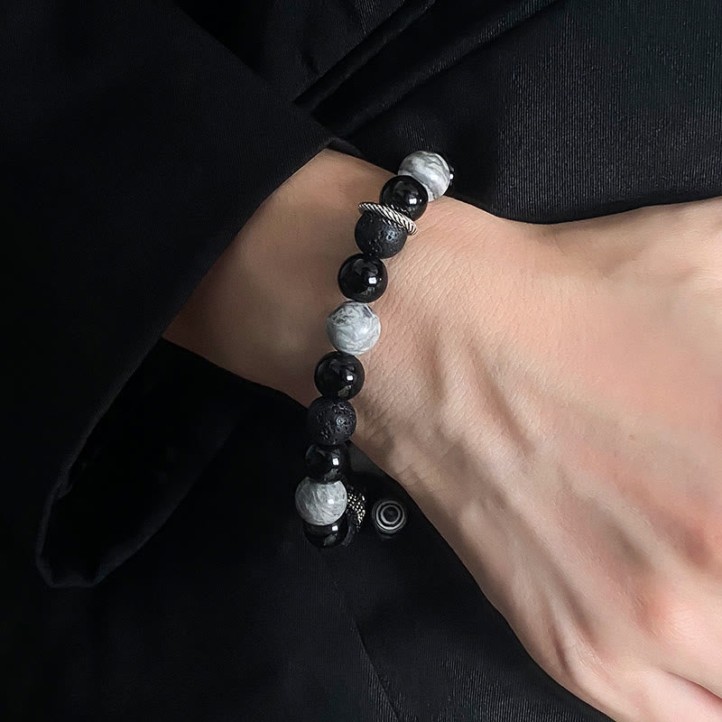 Wear FengShui Vintage Lava Rock Black Obsidian Picasso Jasper Beads Support Rope Bracelet
