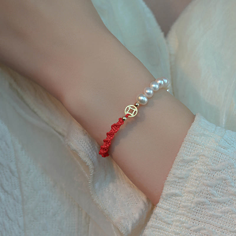 Wear FengShui 14K Gold Plated Pearl Bead Luck Protection Braid Red String Bracelet