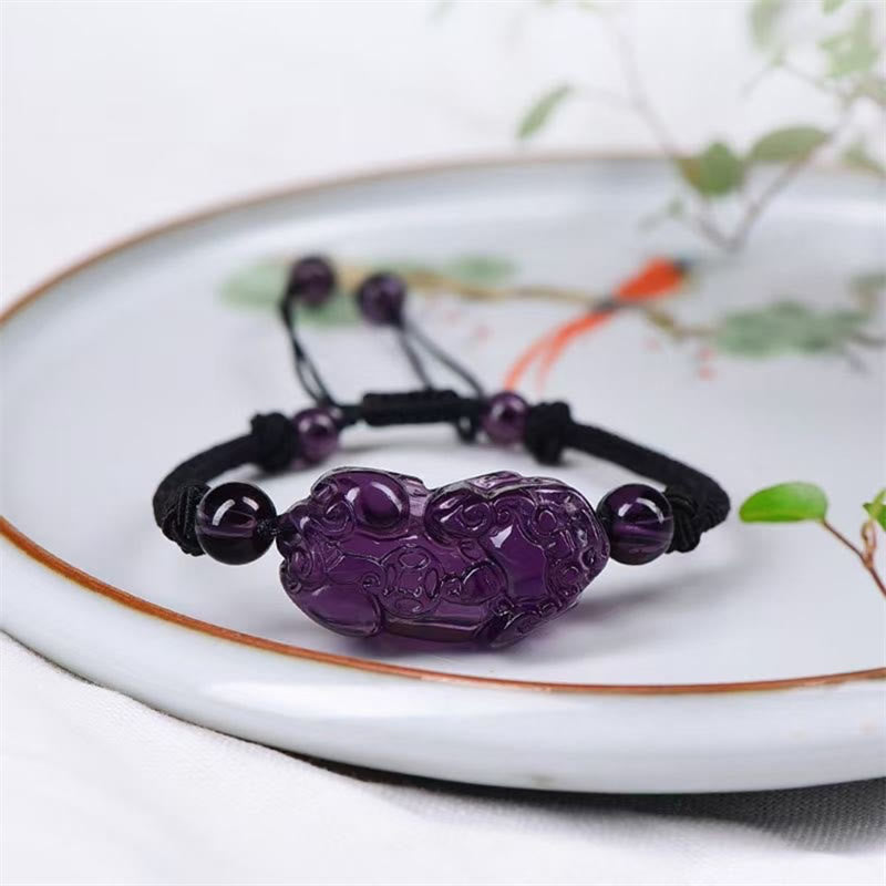 Wear FengShui Natural Obsidian Amethyst Citrine PiXiu Cooper Coin Wealth Bracelet