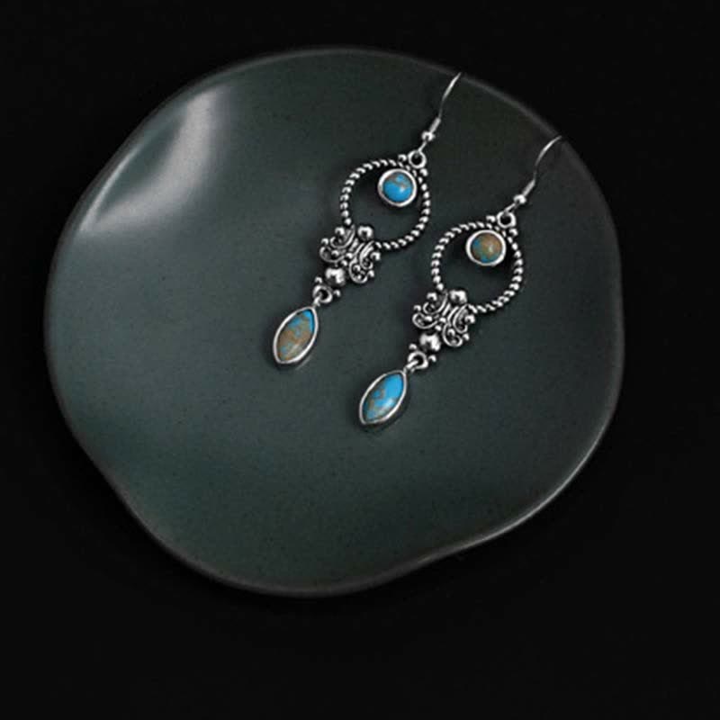Wear FengShui 925 Sterling Silver Vintage Turquoise Waterdrop Pattern Balance Drop Dangle Earrings