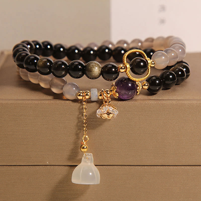 Wear FengShui Gold Sheen Obsidian Gray Agate Lotus Charm Strengthen Double Wrap Bracelet