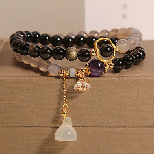 Wear FengShui Gold Sheen Obsidian Gray Agate Lotus Charm Strengthen Double Wrap Bracelet