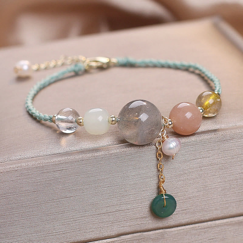 Wear FengShui Moonstone Sunstone Beads Peace Buckle Charm Healing Bracelet