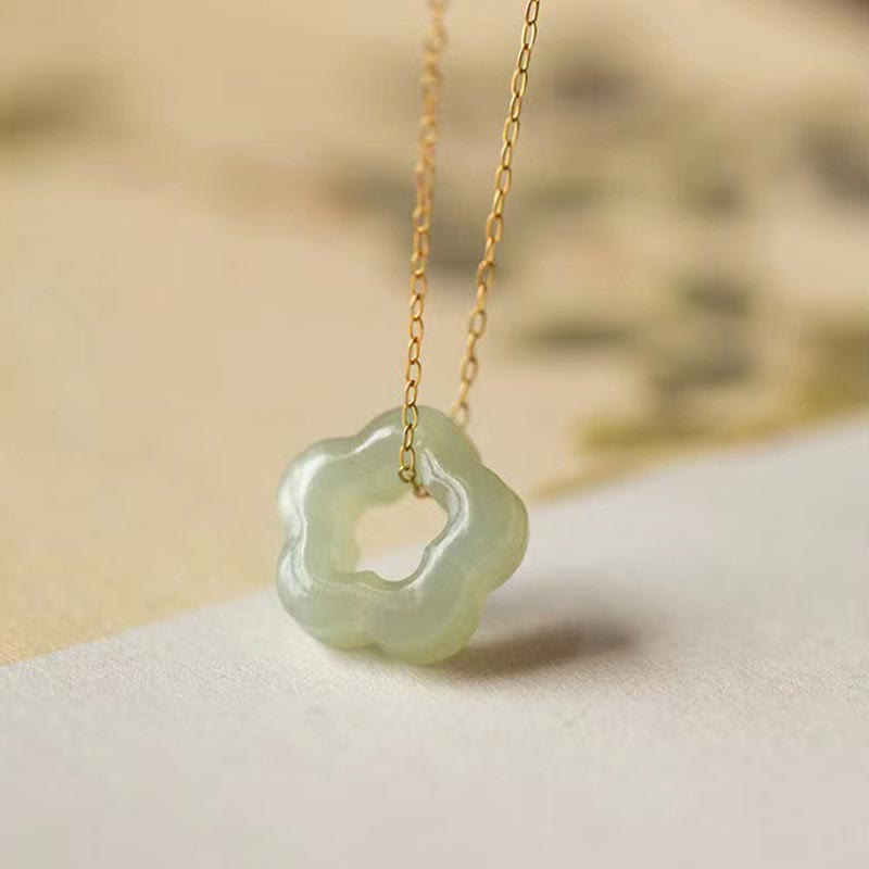 Wear FengShui Dainty Hetian Jade Cyan Jade Luck Floral Charm Necklace Pendant
