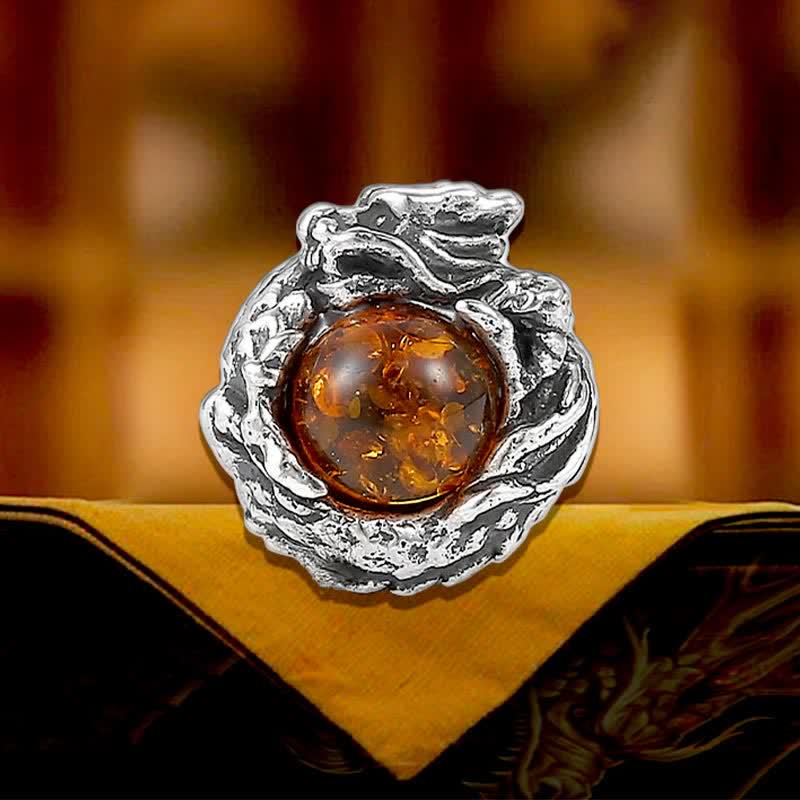 Wear FengShui 925 Sterling Silver Natural Amber Dragon Success Protection Stud Earring