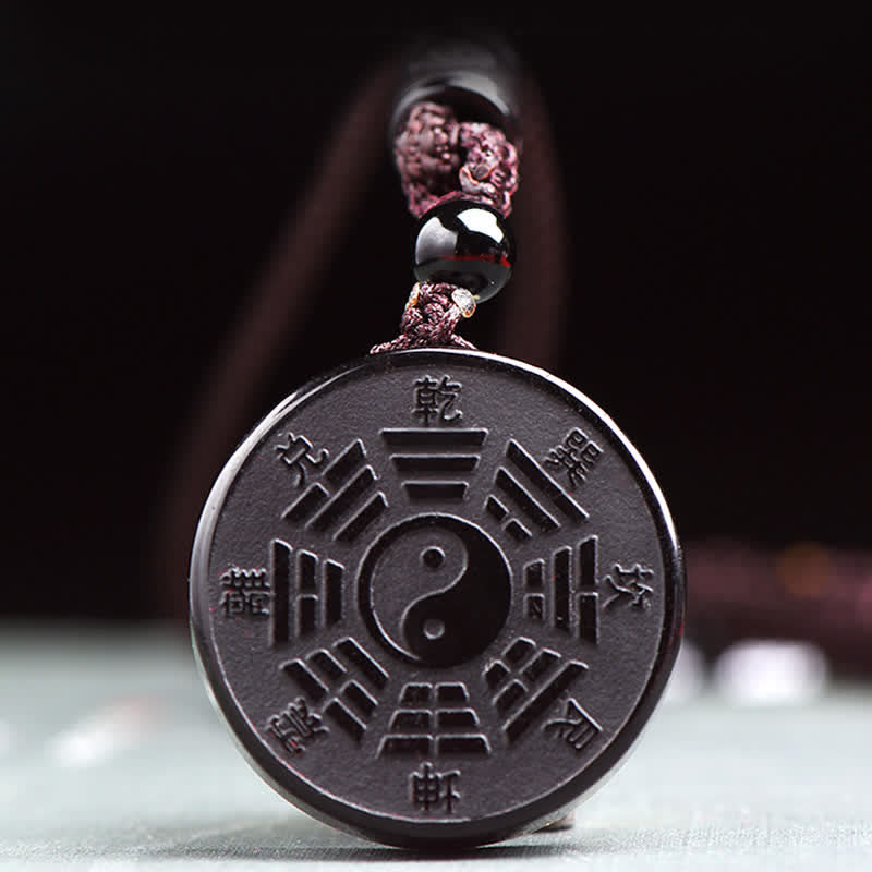 Wear FengShui Black Obsidian Bagua Yin Yang Strength Necklace Pendant