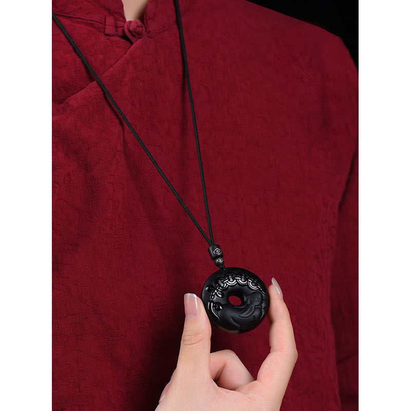 Wear FengShui Chinese Zodiac Natural Black Obsidian Peace Buckle Strength Necklace Pendant