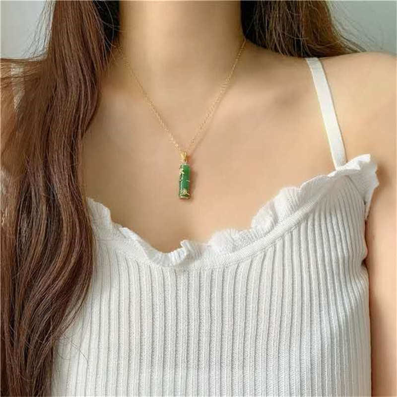 Wear FengShui White Jade Cyan Jade Bamboo Luck Protection Necklace Pendant