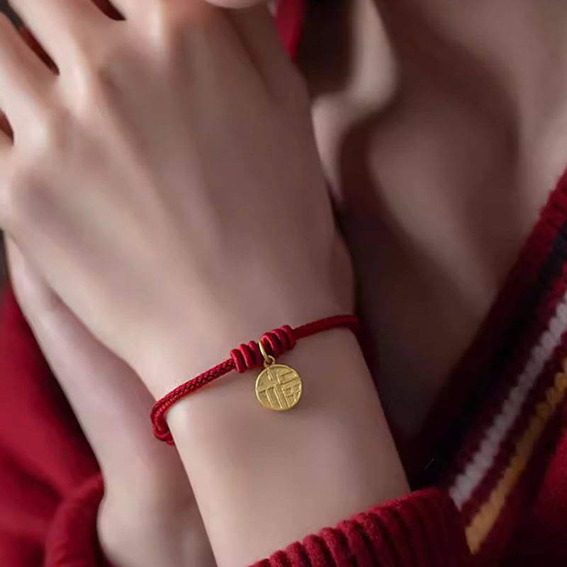 Wear FengShui Handmade Eight Thread Peace Knot Fu Character Charm Luck Happiness Red Rope Bracelet