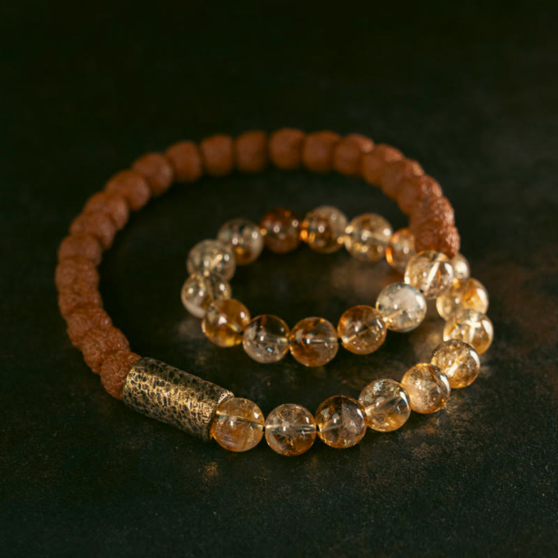 Wear FengShui Natural Citrine Crystal Rudraksha Bodhi Seed Brass Bead Prosperity Double Wrap Bracelet