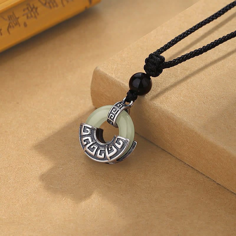 Wear FengShui 925 Sterling Silver Natural Hetian Jade Peace Buckle Prosperity Necklace Pendant