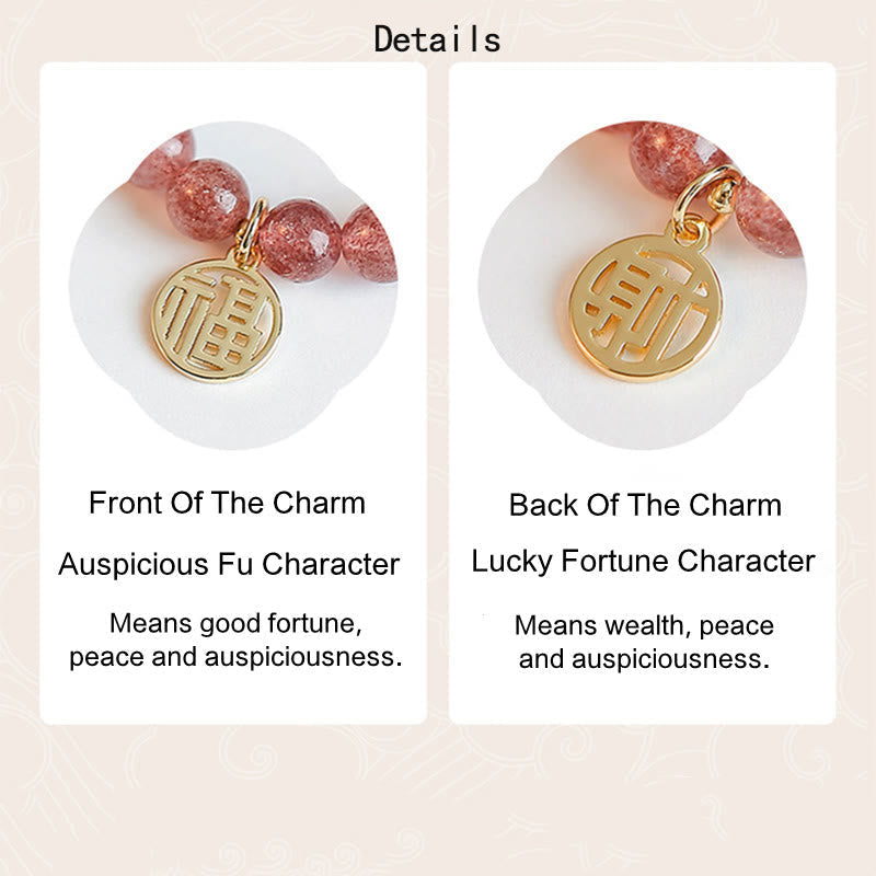 Wear FengShui 14K Gold Plated Strawberry Quartz Fu Character Healing Charm Bracelet