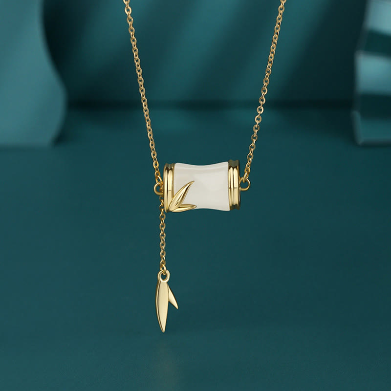 Wear FengShui 925 Sterling Silver 22K Gold Hetian White Jade Bamboo Leaf Luck Necklace Pendant Bracelet
