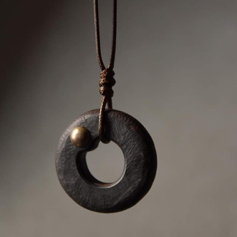 Wear FengShui Zen Circle Ebony Wood Peace Calm Necklace Pendant