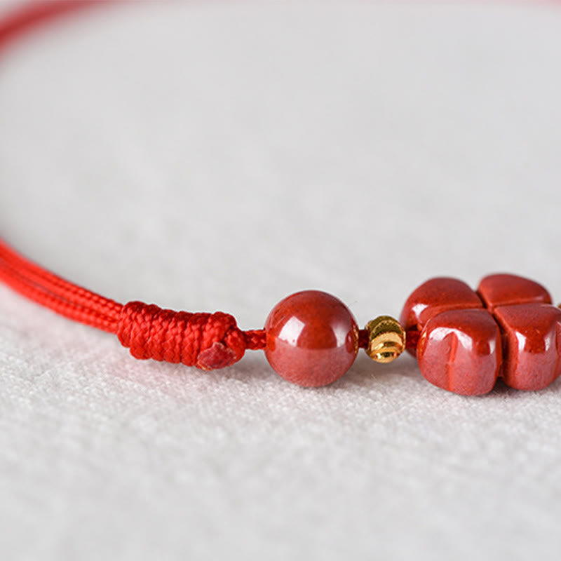 Wear FengShui Four Leaf Clover Cinnabar Blessing Calm String Bracelet Anklet