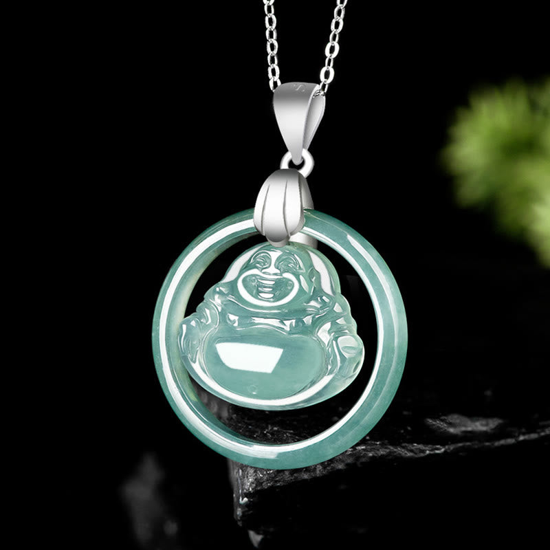 Wear FengShui Natural Jade Round Laughing Buddha Abundance Titanium Steel Chain Necklace Pendant