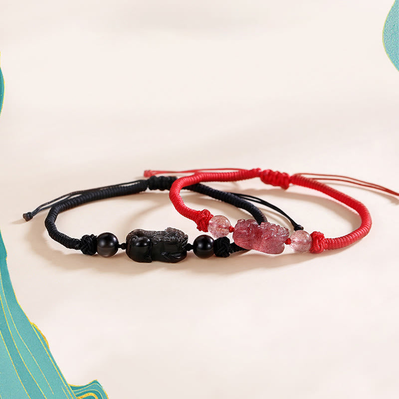 Wear FengShui Handmade Natural Silver Sheen Obsidian Strawberry Quartz PiXiu Protection Braided Bracelet