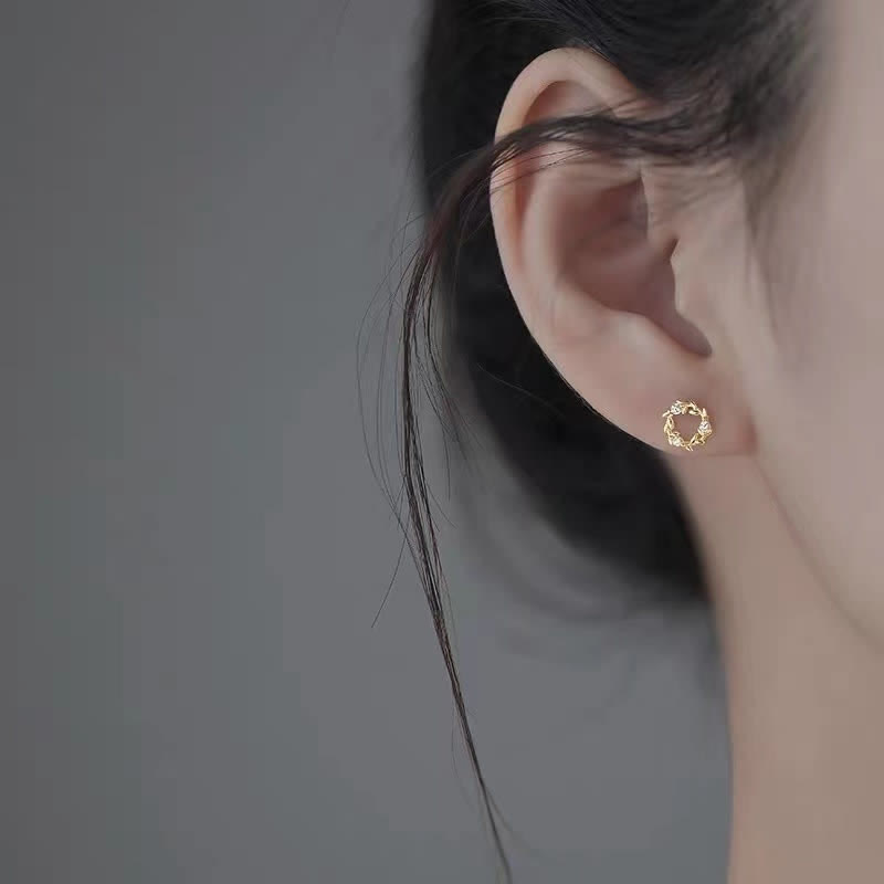 Wear FengShui 925 Sterling Silver Posts Copper Metal Tiny Wreath Stud Blessing Flower Earrings