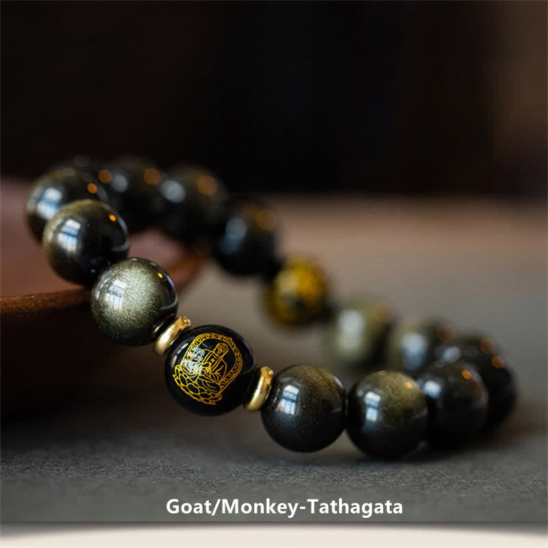 Wear FengShui Chinese Zodiac Natal Buddha Gold Sheen Obsidian Wealth Protection Bracelet