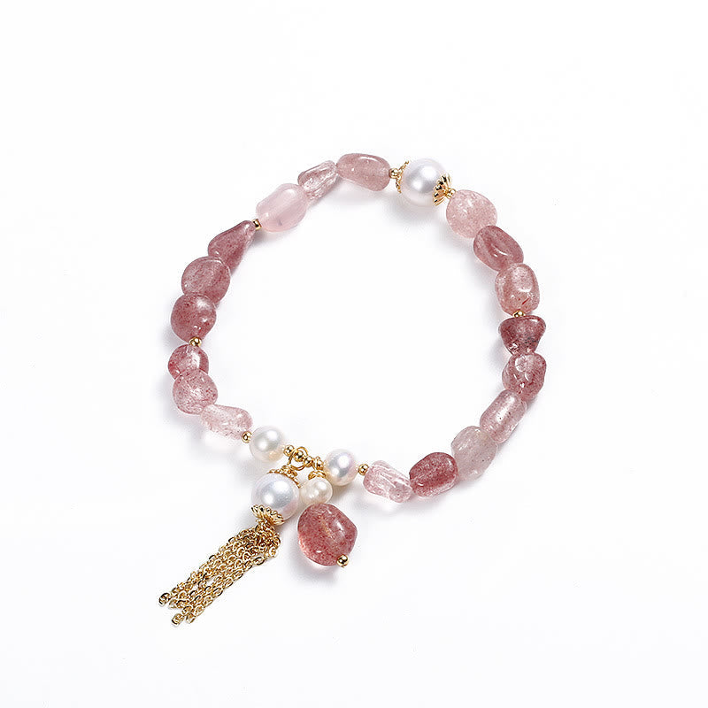 Wear FengShui Natural Strawberry Quartz Pearl 14k Gold Plated Love Healing Bracelet