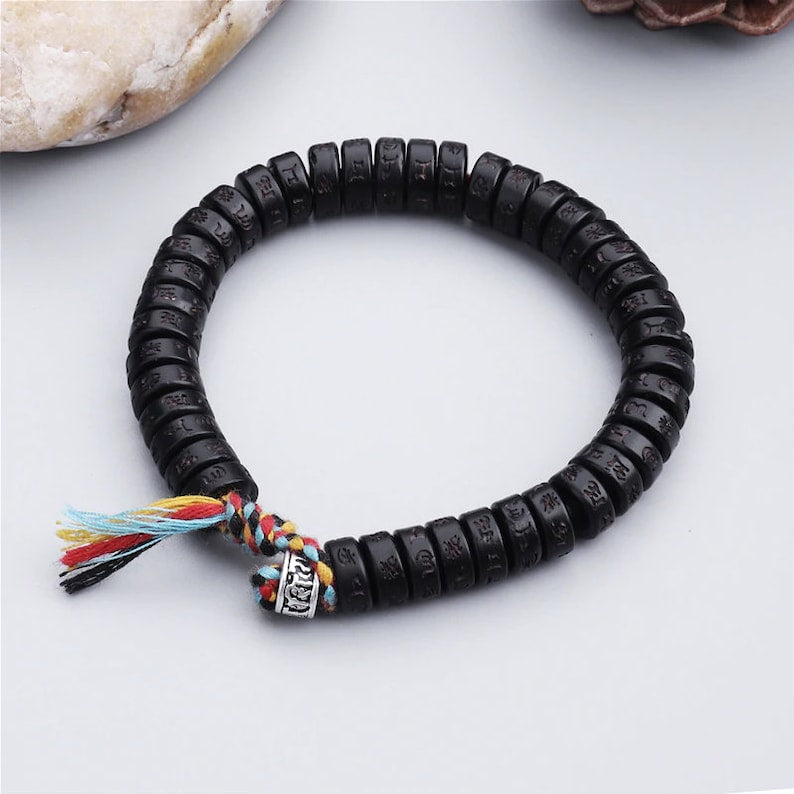 Tibetan Lucky  Black Coconut Shell Braided Bracelet,  Meditation Bracelet, Mens Bracelet